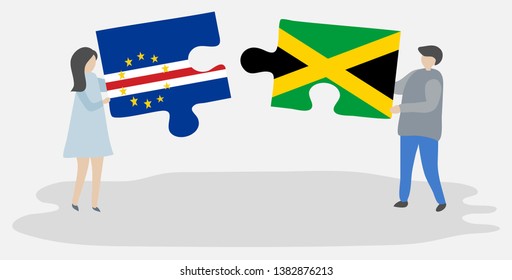 Couple holding two puzzles pieces with Cabo Verdean and Jamaican flags. Cape Verde and Jamaica national symbols together.