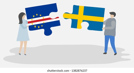 Couple holding two puzzles pieces with Cabo Verdean and Swedish flags. Cape Verde and Sweden national symbols together.