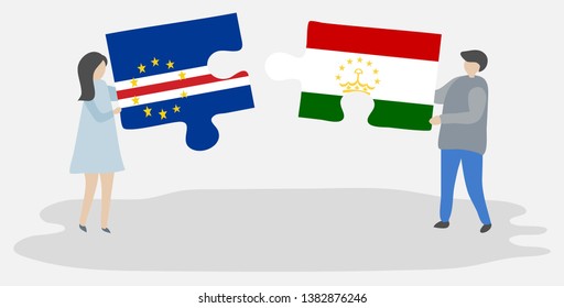 Couple holding two puzzles pieces with Cabo Verdean and Tajikistani flags. Cape Verde and Tajikistan national symbols together.