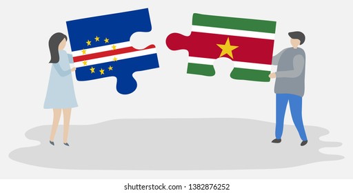 Couple holding two puzzles pieces with Cabo Verdean and Surinamese flags. Cape Verde and Suriname national symbols together.