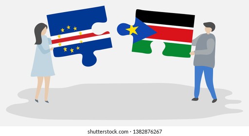 Couple holding two puzzles pieces with Cabo Verdean and South Sudanese flags. Cape Verde and South Sudan national symbols together.