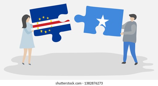 Couple holding two puzzles pieces with Cabo Verdean and Somali flags. Cape Verde and Somalia national symbols together.