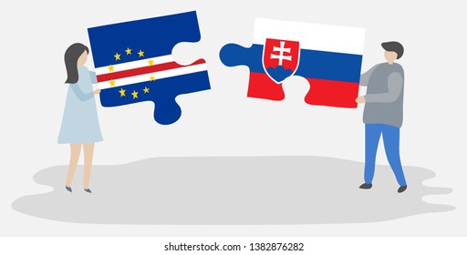 Couple holding two puzzles pieces with Cabo Verdean and Slovak flags. Cape Verde and Slovakia national symbols together.