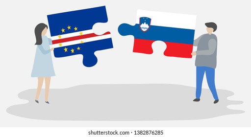 Couple holding two puzzles pieces with Cabo Verdean and Slovenian flags. Cape Verde and Slovenia national symbols together.