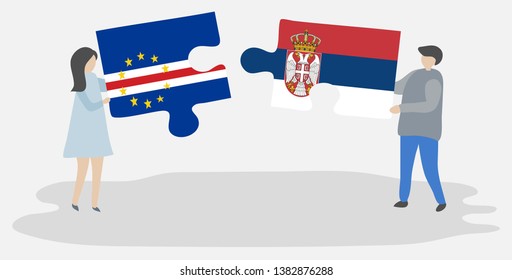 Couple holding two puzzles pieces with Cabo Verdean and Serbian flags. Cape Verde and Serbia national symbols together.