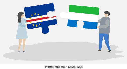 Couple holding two puzzles pieces with Cabo Verdean and Sierra Leonean flags. Cape Verde and Sierra Leone national symbols together.