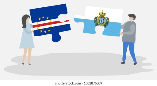 Couple holding two puzzles pieces with Cabo Verdean and Sammarinese flags. Cape Verde and San Marino national symbols together.