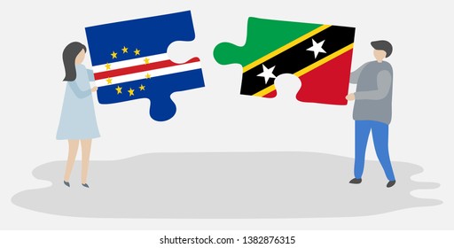 Couple holding two puzzles pieces with Cabo Verdean and Kittitian flags. Cape Verde and Saint Kitts and Nevis national symbols together.