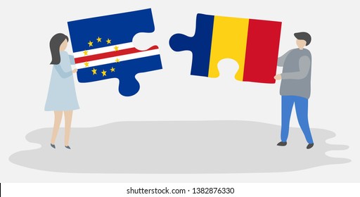 Couple holding two puzzles pieces with Cabo Verdean and Romanian flags. Cape Verde and Romania national symbols together.