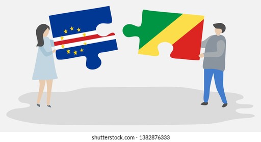 Couple holding two puzzles pieces with Cabo Verdean and Congolese flags. Cape Verde and Republic of the Congo national symbols together.