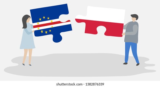 Couple holding two puzzles pieces with Cabo Verdean and Polish flags. Cape Verde and Poland national symbols together.