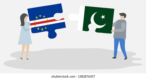 Couple holding two puzzles pieces with Cabo Verdean and Pakistani flags. Cape Verde and Pakistan national symbols together.