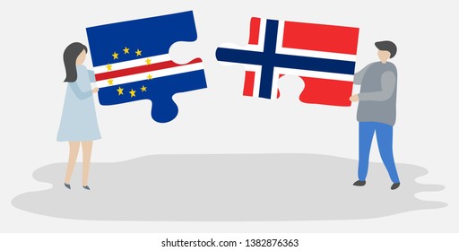 Couple holding two puzzles pieces with Cabo Verdean and Norwegian flags. Cape Verde and Norway national symbols together.