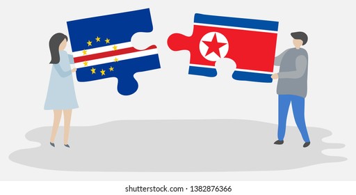 Couple holding two puzzles pieces with Cabo Verdean and North Korean flags. Cape Verde and North Korea national symbols together.