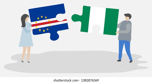 Couple holding two puzzles pieces with Cabo Verdean and Nigerian flags. Cape Verde and Nigeria national symbols together.