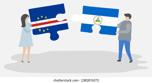 Couple holding two puzzles pieces with Cabo Verdean and Nicaraguan flags. Cape Verde and Nicaragua national symbols together.