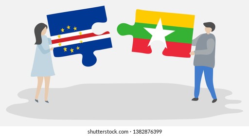 Couple holding two puzzles pieces with Cabo Verdean and Burmese flags. Cape Verde and Myanmar national symbols together.