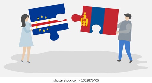 Couple holding two puzzles pieces with Cabo Verdean and Mongolian flags. Cape Verde and Mongolia national symbols together.