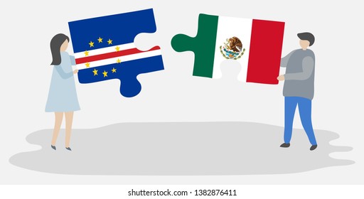 Couple holding two puzzles pieces with Cabo Verdean and Mexican flags. Cape Verde and Mexico national symbols together.