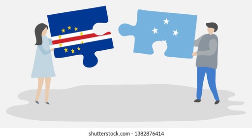 Couple holding two puzzles pieces with Cabo Verdean and Micronesian flags. Cape Verde and Micronesia national symbols together.