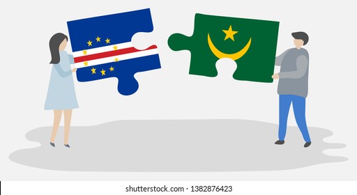 Couple holding two puzzles pieces with Cabo Verdean and Mauritanian flags. Cape Verde and Mauritania national symbols together.