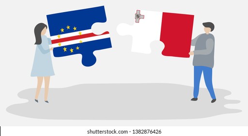Couple holding two puzzles pieces with Cabo Verdean and Maltese flags. Cape Verde and Malta national symbols together.