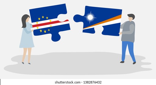 Couple holding two puzzles pieces with Cabo Verdean and Marshallese flags. Cape Verde and Marshall Islands national symbols together.