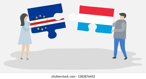 Couple holding two puzzles pieces with Cabo Verdean and Luxembourgish flags. Cape Verde and Luxembourg national symbols together.
