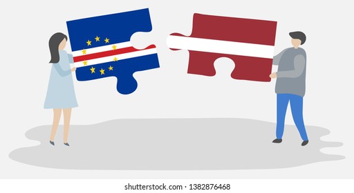 Couple holding two puzzles pieces with Cabo Verdean and Latvian flags. Cape Verde and Latvia national symbols together.