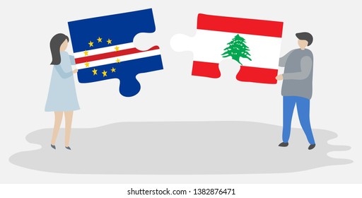 Couple holding two puzzles pieces with Cabo Verdean and Lebanese flags. Cape Verde and Lebanon national symbols together.