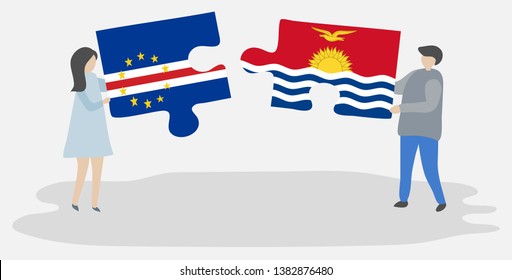 Couple holding two puzzles pieces with Cabo Verdean and I-Kiribati flags. Cape Verde and Kiribati national symbols together.