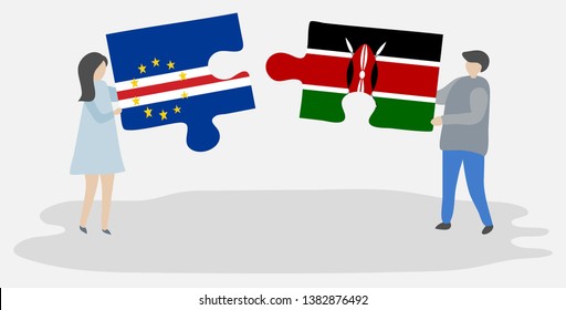 Couple holding two puzzles pieces with Cabo Verdean and Kenyan flags. Cape Verde and Kenya national symbols together.