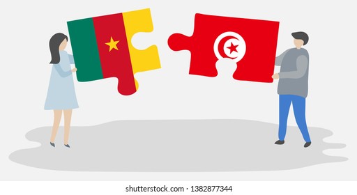 Couple holding two puzzles pieces with Cameroonian and Tunisian flags. Cameroon and Tunisia national symbols together.