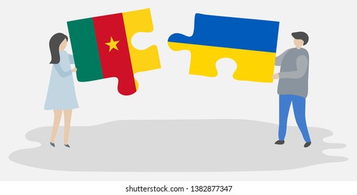 Couple holding two puzzles pieces with Cameroonian and Ukrainian flags. Cameroon and Ukraine national symbols together.