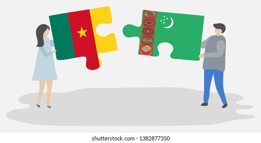 Couple holding two puzzles pieces with Cameroonian and Turkmen flags. Cameroon and Turkmenistan national symbols together.