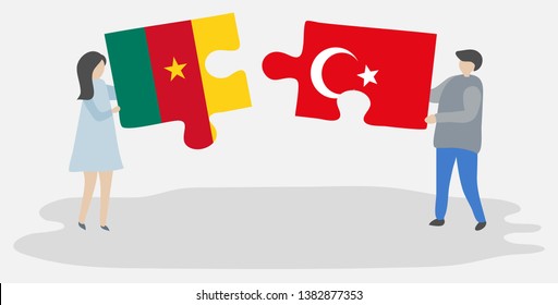 Couple holding two puzzles pieces with Cameroonian and Turkish flags. Cameroon and Turkey national symbols together.