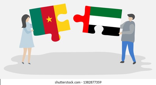 Couple holding two puzzles pieces with Cameroonian and Emirian flags. Cameroon and United Arab Emirates national symbols together.