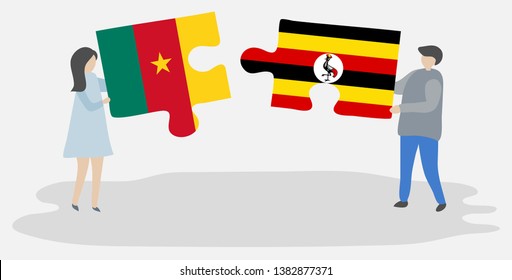 Couple holding two puzzles pieces with Cameroonian and Ugandan flags. Cameroon and Uganda national symbols together.