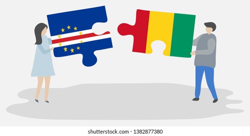 Couple holding two puzzles pieces with Cabo Verdean and Guinean flags. Cape Verde and Guinea national symbols together.
