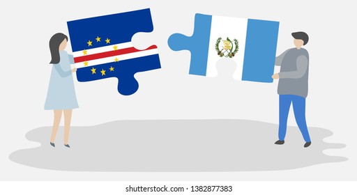 Couple holding two puzzles pieces with Cabo Verdean and Guatemalan flags. Cape Verde and Guatemala national symbols together.