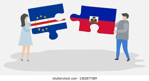 Couple holding two puzzles pieces with Cabo Verdean and Haitian flags. Cape Verde and Haiti national symbols together.