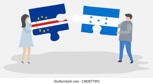 Couple holding two puzzles pieces with Cabo Verdean and Honduran flags. Cape Verde and Honduras national symbols together.