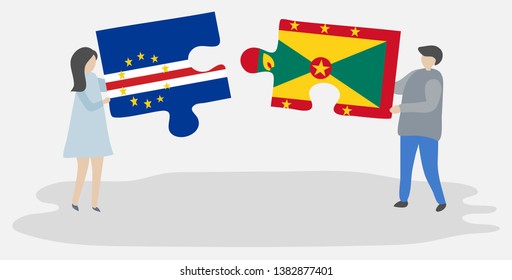 Couple holding two puzzles pieces with Cabo Verdean and Grenadian flags. Cape Verde and Grenada national symbols together.