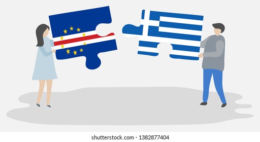 Couple holding two puzzles pieces with Cabo Verdean and Greek flags. Cape Verde and Greece national symbols together.