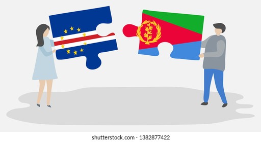 Couple holding two puzzles pieces with Cabo Verdean and Eritrean flags. Cape Verde and Eritrea national symbols together.