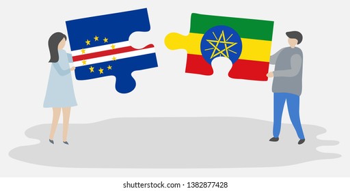 Couple holding two puzzles pieces with Cabo Verdean and Ethiopian flags. Cape Verde and Ethiopia national symbols together.