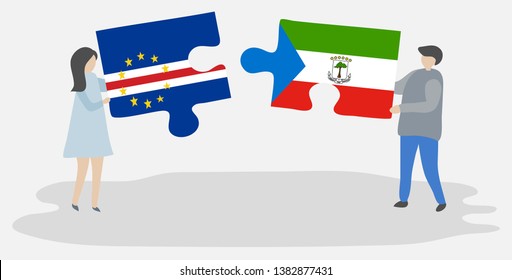 Couple holding two puzzles pieces with Cabo Verdean and Equatorial Guinean flags. Cape Verde and Equatorial Guinea national symbols together.