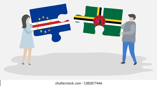 Couple holding two puzzles pieces with Cabo Verdean and Dominican flags. Cape Verde and Dominica national symbols together.