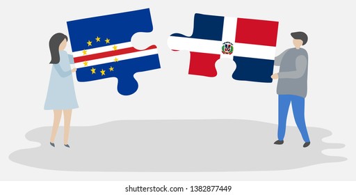 Couple holding two puzzles pieces with Cabo Verdean and Dominican flags. Cape Verde and Dominican Republic national symbols together.