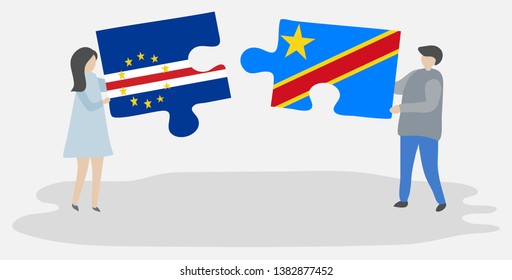Couple holding two puzzles pieces with Cabo Verdean and Congolese flags. Cape Verde and Democratic Republic of the Congo national symbols together.